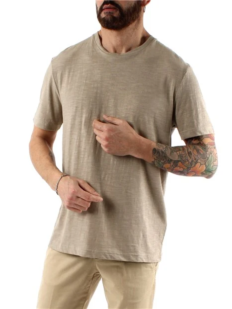 T-SHIRT MANICA CORTA IN MISTO COTONE E LINO UOMO BEIGE