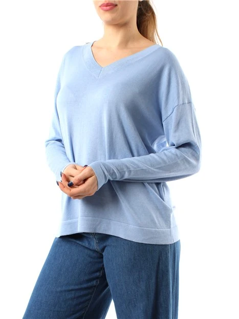 MAGLIA CON SCOLLO A V IN FILATO MISTO SETA DONNA CELESTE