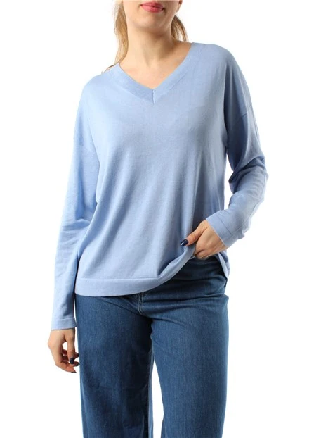 MAGLIA CON SCOLLO A V IN FILATO MISTO SETA DONNA CELESTE