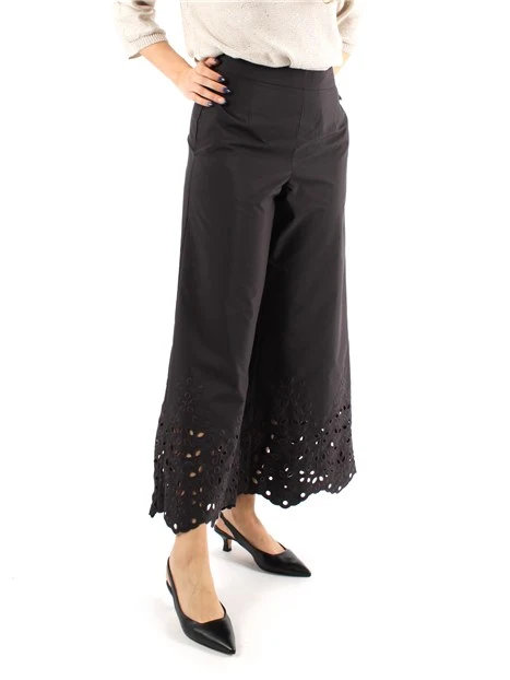 PANTALONI CROPPED AMPI IN TAFFETTÀ CON RICAMI SANGALLO DONNA NERO