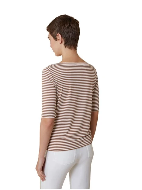 T-SHIRT MANICA CORTA A RIGHE DONNA BIANCO BEIGE