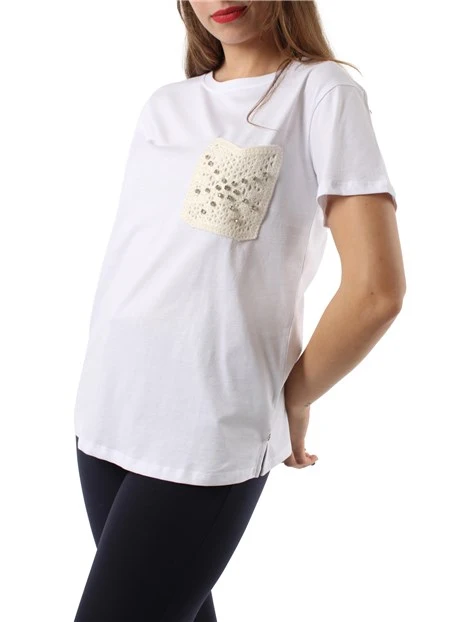 T-SHIRT SOLE A MANICA CORTA CON TASCHINO RICAMATO CON BRILLANTI DONNA BIANCO