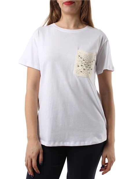 T-SHIRT SOLE A MANICA CORTA CON TASCHINO RICAMATO CON BRILLANTI DONNA BIANCO