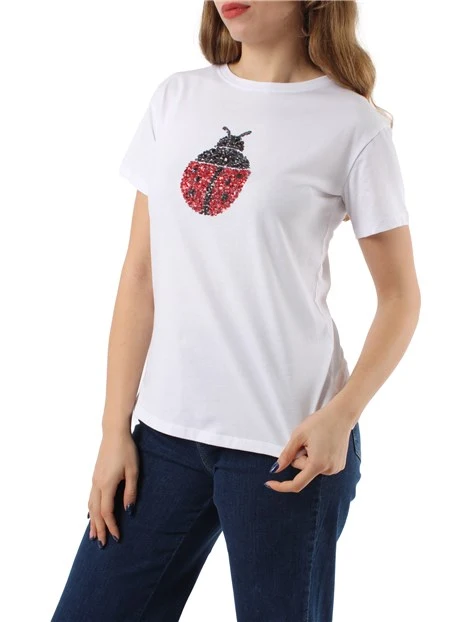 T-SHIRT MANICA CORTA CON COCCINELLA IN PAILLETTES DONNA BIANCO