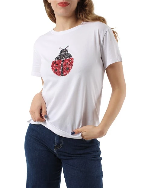 T-SHIRT MANICA CORTA CON COCCINELLA IN PAILLETTES DONNA BIANCO