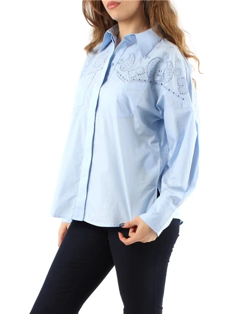 CAMICIA CON RICAMO IN POPELINE DI COTONE DONNA AZZURRO