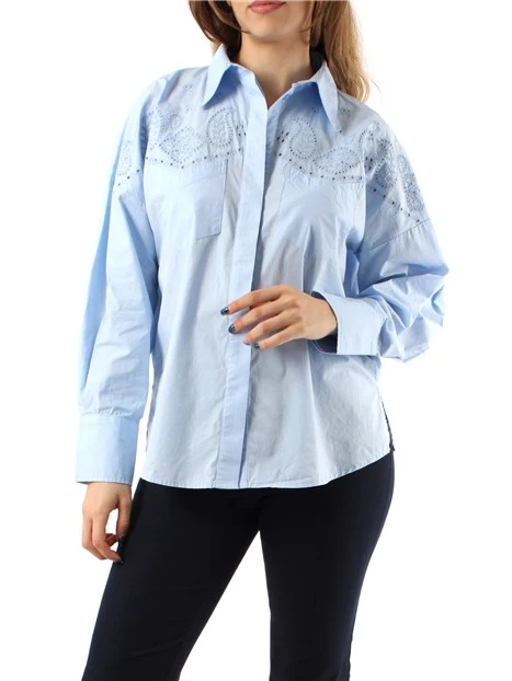 CAMICIA CON RICAMO IN POPELINE DI COTONE DONNA AZZURRO