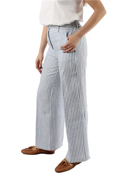 PANTALONE PALAZZO A RIGHE IN PURO LINO DONNA AZZURRO