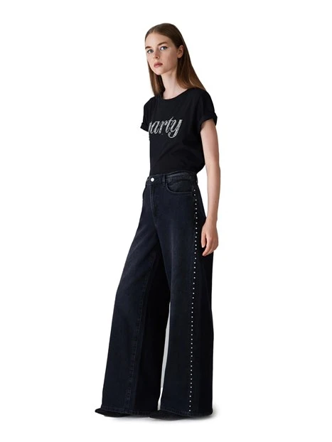 JEANS PALAZZO CON CRISTALLI DONNA NERO