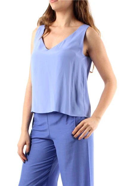 TOP CON SCOLLO A V IN MISTO SETA DONNA AZZURRO